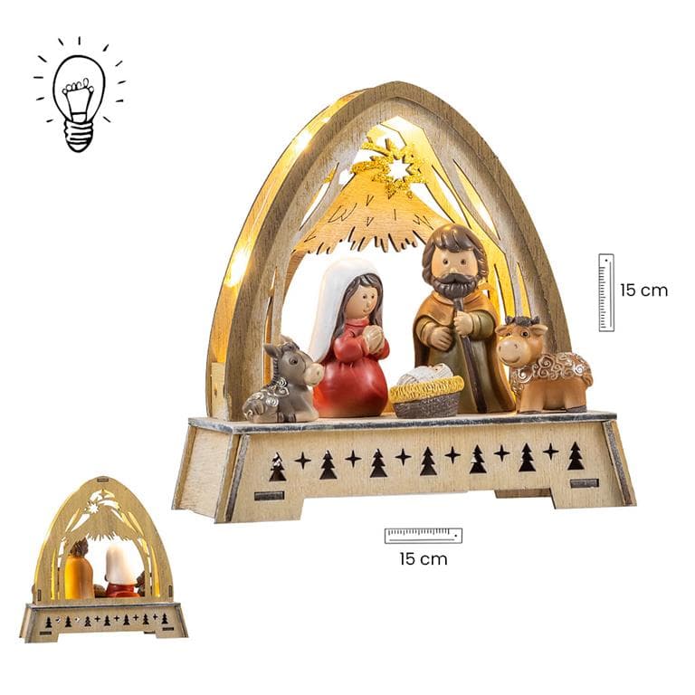 Misterio en Portal Madera 15 cm Luz